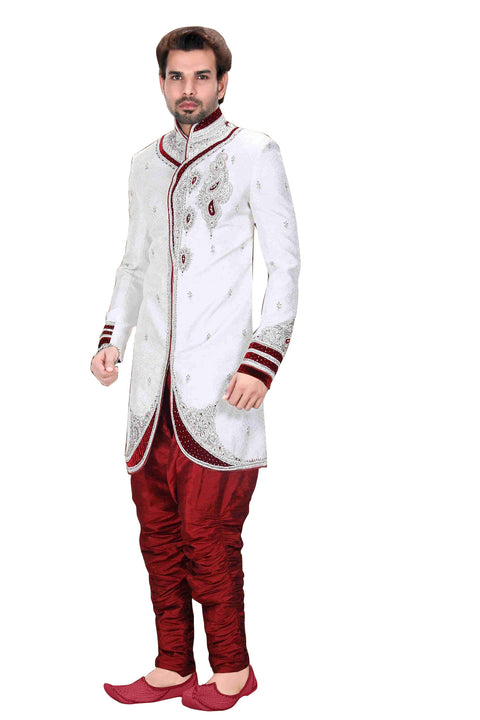 Fancy Off White Brocade Silk Indian Wedding Sherwani For Men