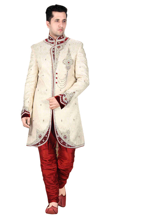 Elegant Butter Cream Brocade Silk Indian Wedding Sherwani For Men