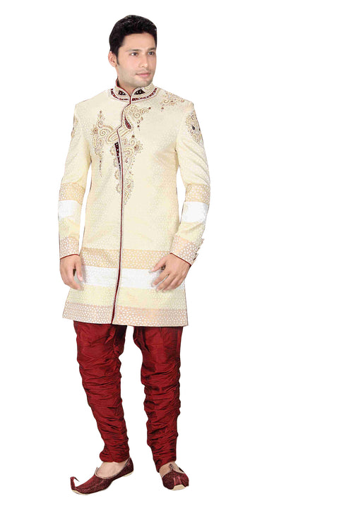 Royal Look Butter Cream Brocade Silk Indian Wedding Sherwani For Men