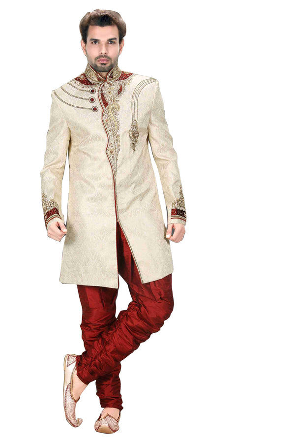 Ethnic Latte Brocade Silk Indian Wedding Sherwani For Men