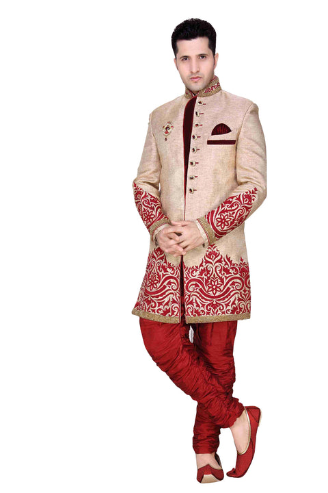 Elegant Beige Brocade Silk Indian Wedding Sherwani For Men