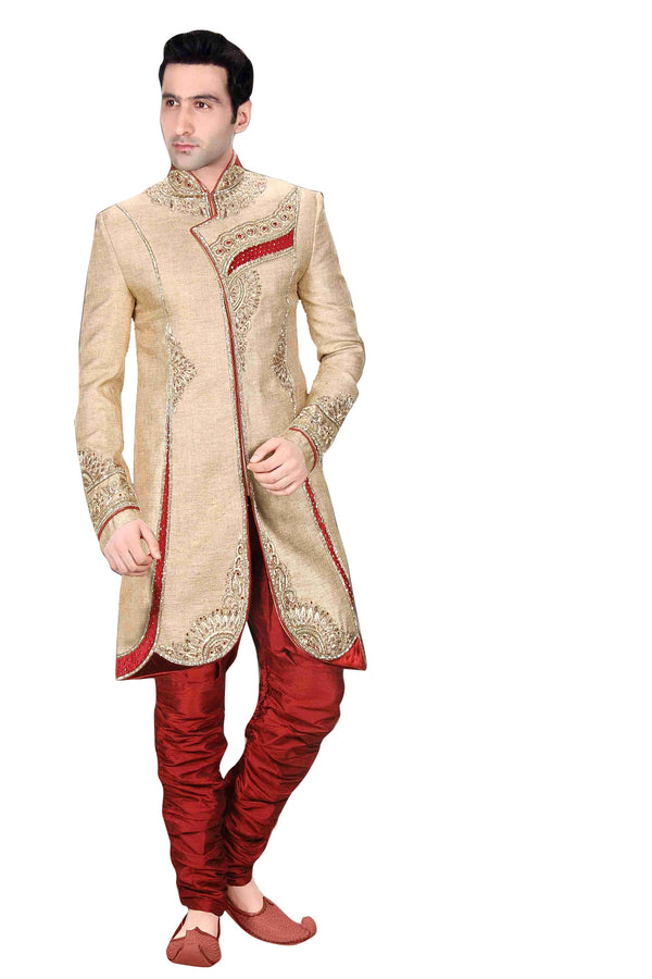 Traditional Beige Brocade Silk Indian Wedding Sherwani For Men