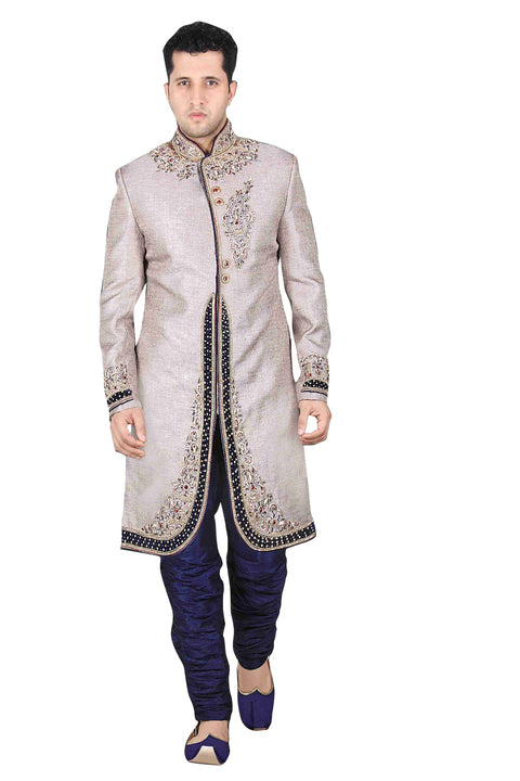 Traditional Silver Color Brocade Silk Indian Wedding Sherwani For Men