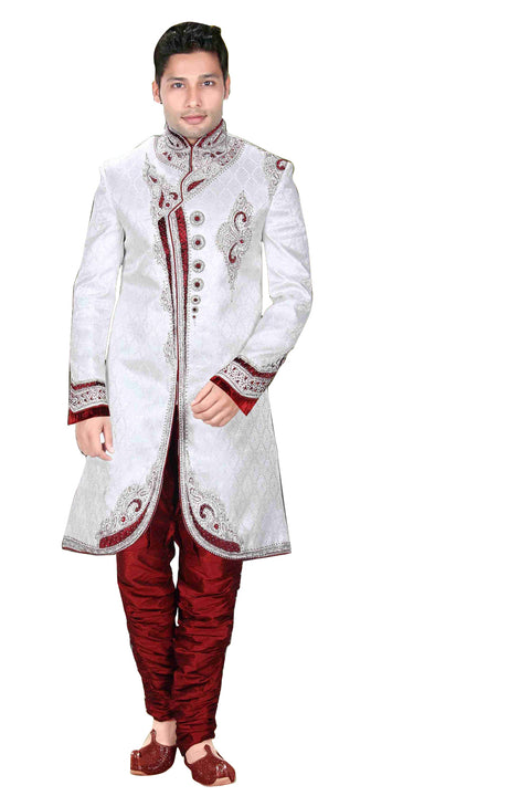 Traditional Off White Brocade Silk Indian Wedding Sherwani For Men