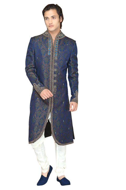 Classic Blue Brocade Silk Indian Wedding Sherwani For Men