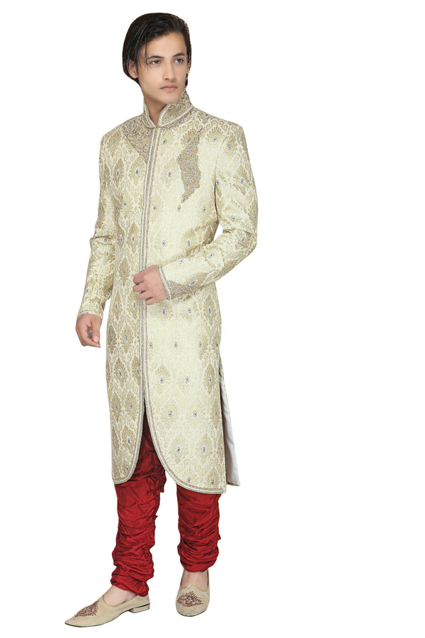 Modern Cream Brocade Silk Indian Wedding Sherwani For Men