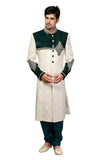 Traditional Bottle Green And Cream Banarasi Silk And Brocade Indian Wedding Sherwani For Men
