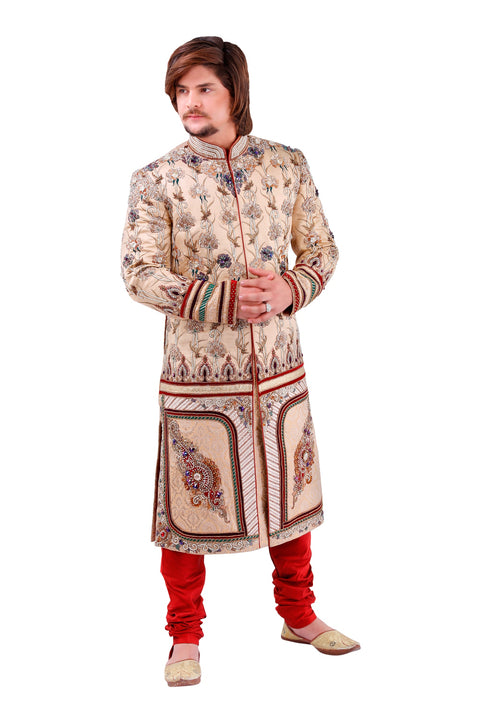 Admirable Beige Brocade Silk Indian Wedding Sherwani For Men