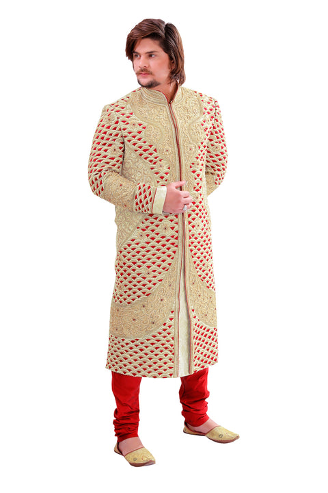 Ethnic Beige Brocade Silk Indian Wedding Sherwani For Men