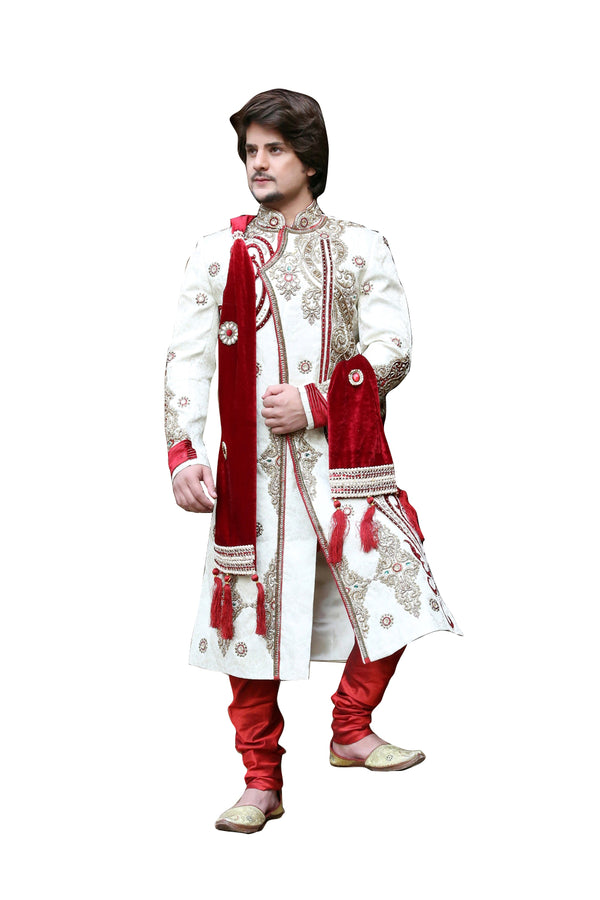 Ethnic Off White Brocade Silk Indian Wedding Sherwani For Men