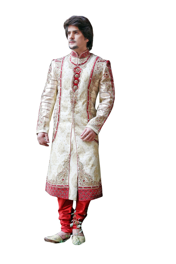 Traditional Beige Brocade Silk Indian Wedding Sherwani For Men