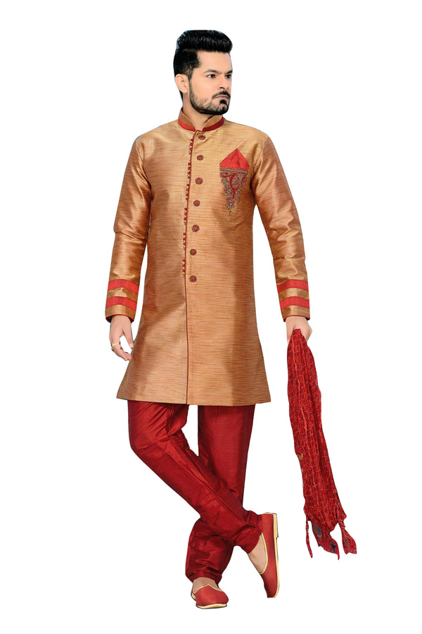 Ethnic Brown Ghicha Silk Indian Wedding Sherwani For Men