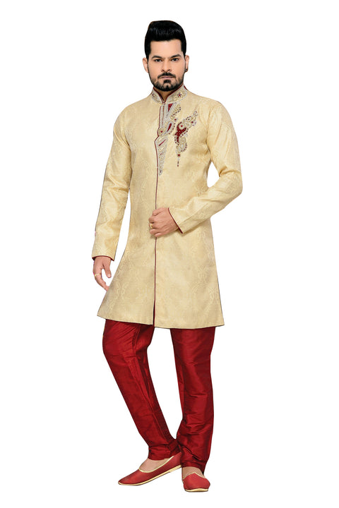 Fancy Butter Cream Jacquard Silk Indian Wedding Sherwani For Men