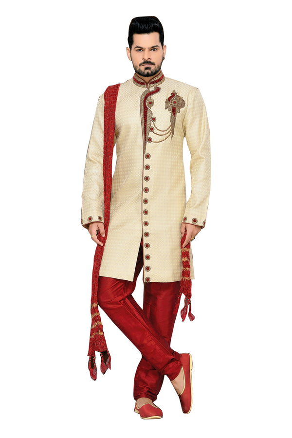 Classic Cream Jacquard Silk Indian Wedding Sherwani For Men