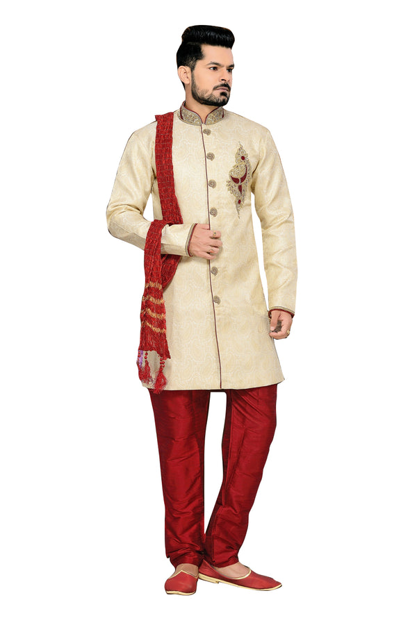 Traditional Cream Jacquard Silk Indian Wedding Sherwani For Men