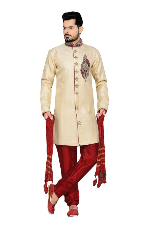 Elegant Light Cream Jacquard Silk Indian Wedding Sherwani For Men