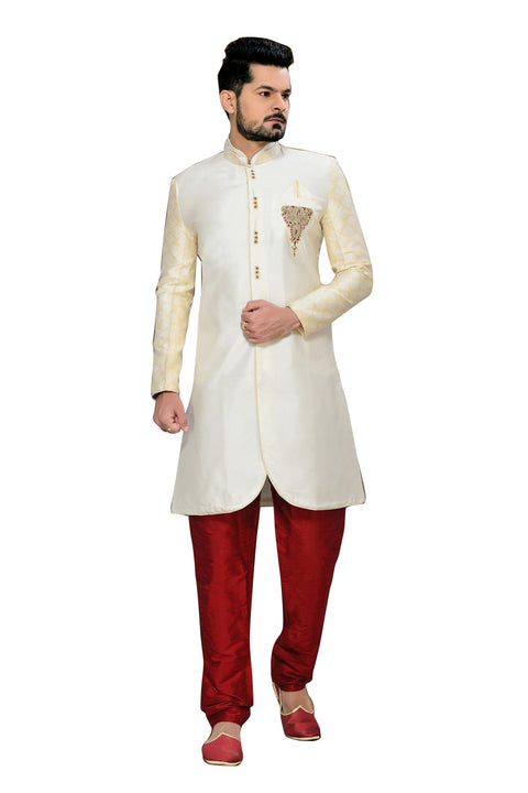 Ethnic Cream And Off White Brocade Silk Indian Wedding Sherwani For Men