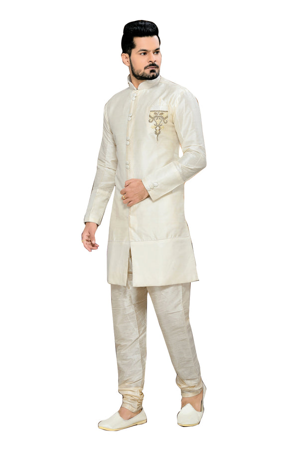 Fancy Off White Art Silk And Jacquard Silk Indian Wedding Sherwani For Men