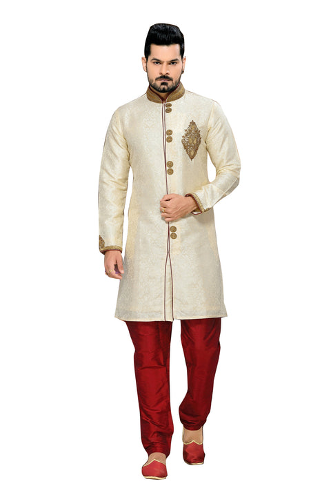 Classic Cream Art Silk Indian Wedding Sherwani For Men