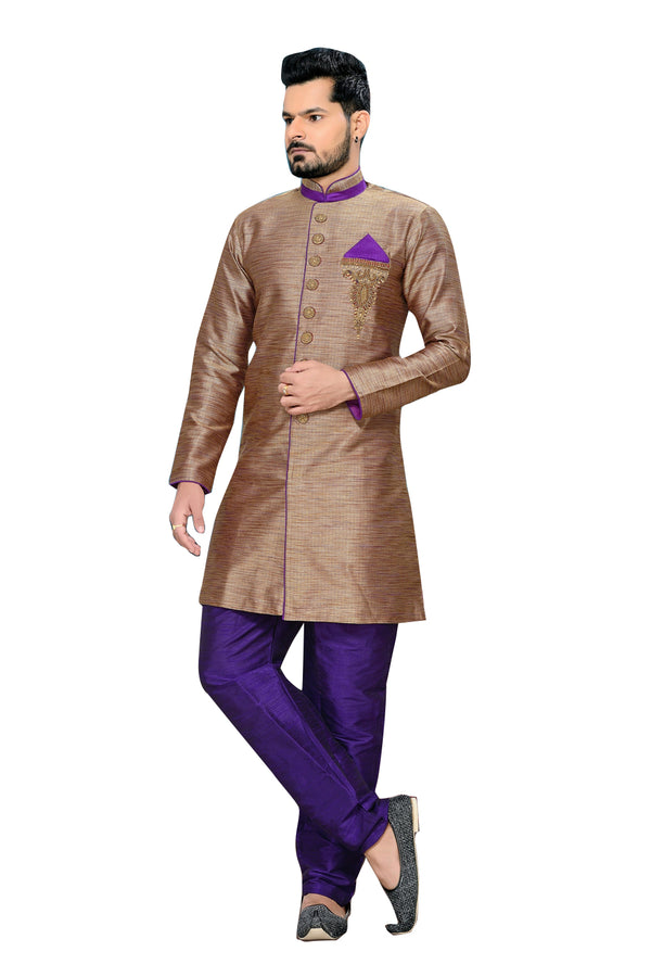 Ethnic Brown Ghicha Silk Indian Wedding Sherwani For Men