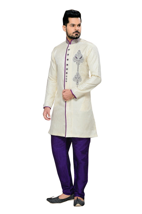 Admirable Off White Jacquard Silk Indian Wedding Sherwani For Men
