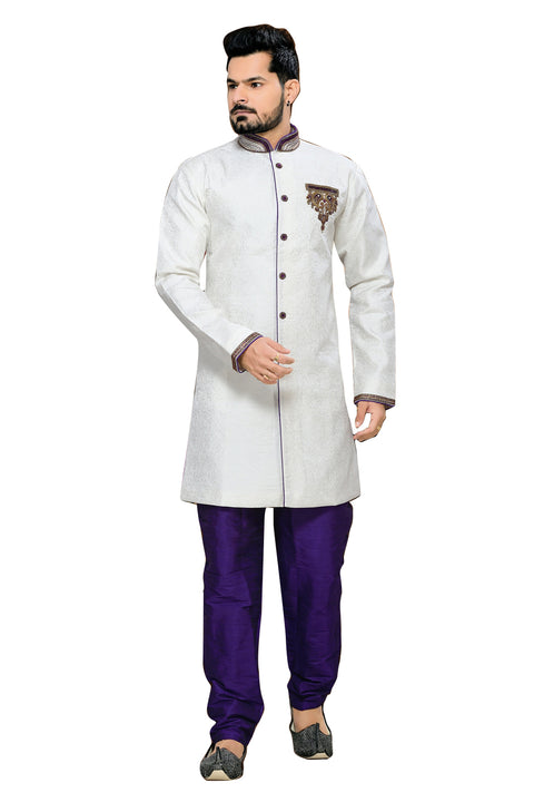 Traditional Off White Jacquard Silk Indian Wedding Sherwani For Men