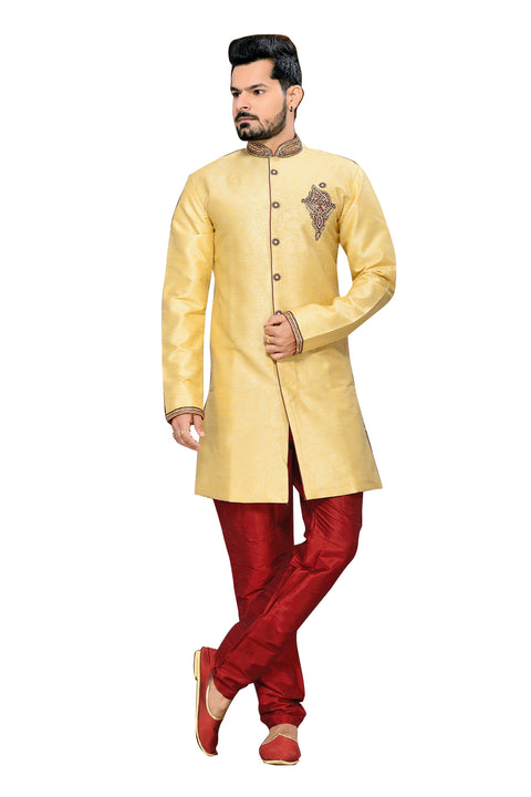 Elegant Cream Jacquard Silk Indian Wedding Sherwani For Men