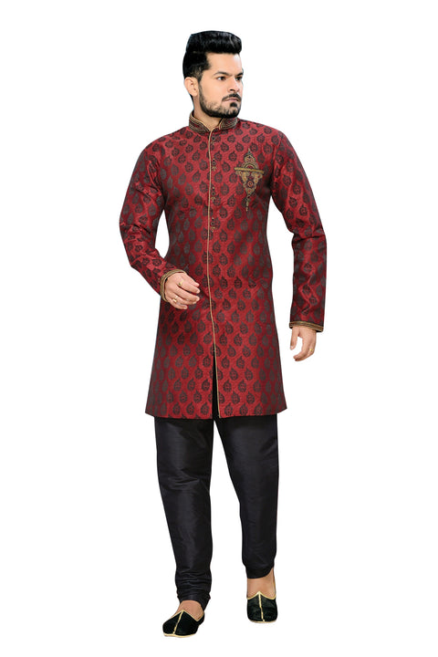 Ethnic Crimson Jacquard Silk Indian Wedding Sherwani For Men