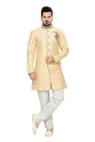 Modern Cream And Off White Jacquard Silk Indian Wedding Sherwani For Men