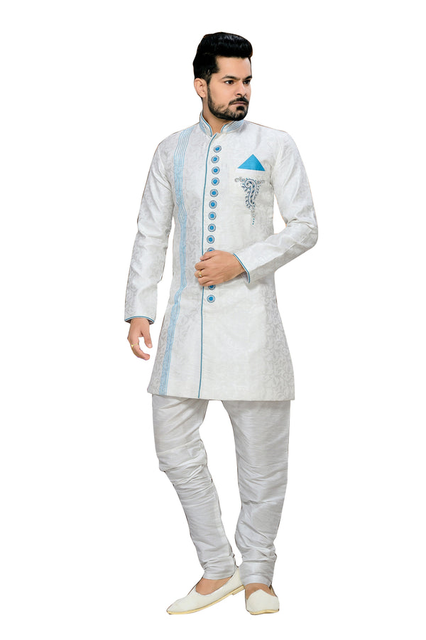 Modern Off White Jacquard Silk Indian Wedding Sherwani For Men