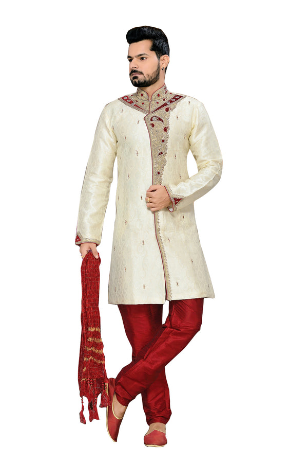 Elegant Light Cream Jacquard Silk Indian Wedding Sherwani For Men