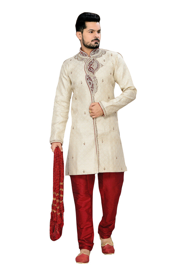 Classy Beige Jacquard Silk Indian Wedding Sherwani For Men