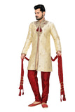 Fancy Cream Jacquard Silk Indian Wedding Sherwani For Men