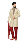 Traditional Dark Cream Jacquard Silk Indian Wedding Sherwani For Men