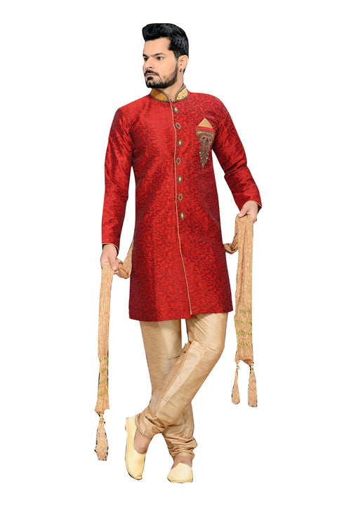 Elegant Red Jacquard Silk Indian Wedding Sherwani For Men