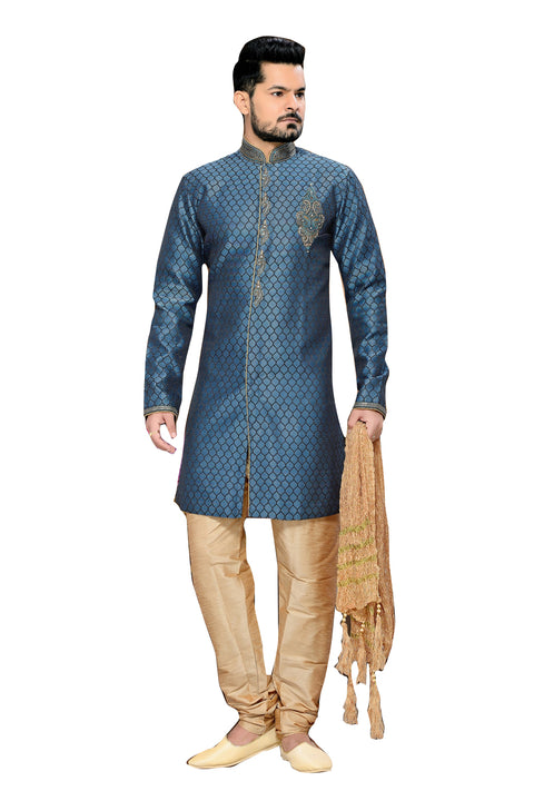 Traditional Blue Jacquard Silk Indian Wedding Sherwani For Men