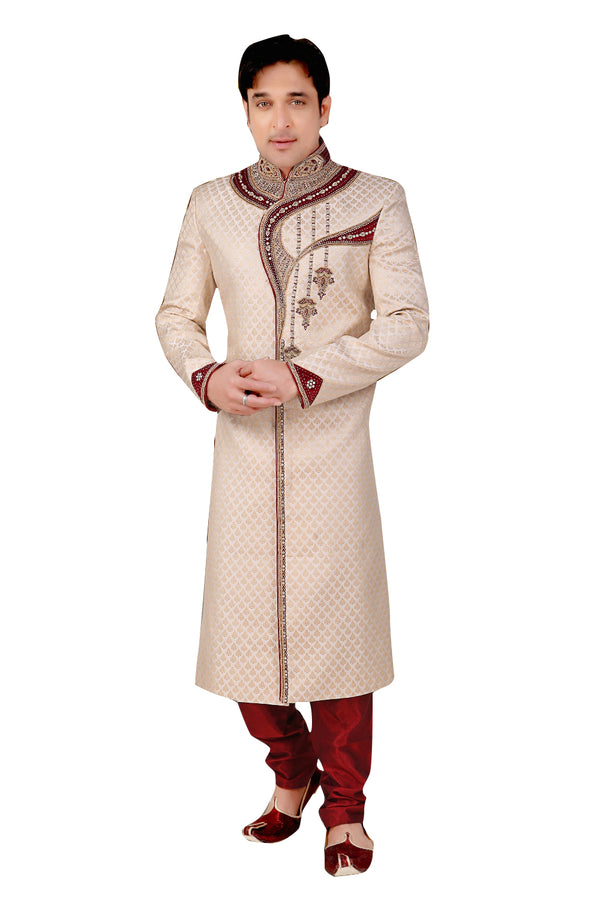 Fancy Beige Brocade Silk Indian Wedding Sherwani For Men