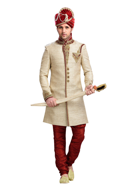 Elegant Cream Jute Silk Indian Wedding Sherwani For Men