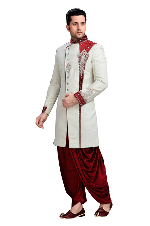 Traditional Off White Imported Silk Indian Wedding Sherwani For Men