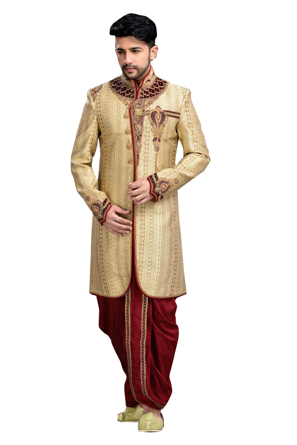 Modern Dark Cream Brocade Jamawar Silk Indian Wedding Sherwani For Men