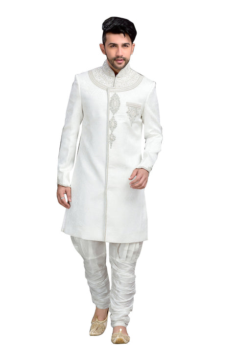 Fancy Off White Jacquard Silk Indian Wedding Sherwani For Men