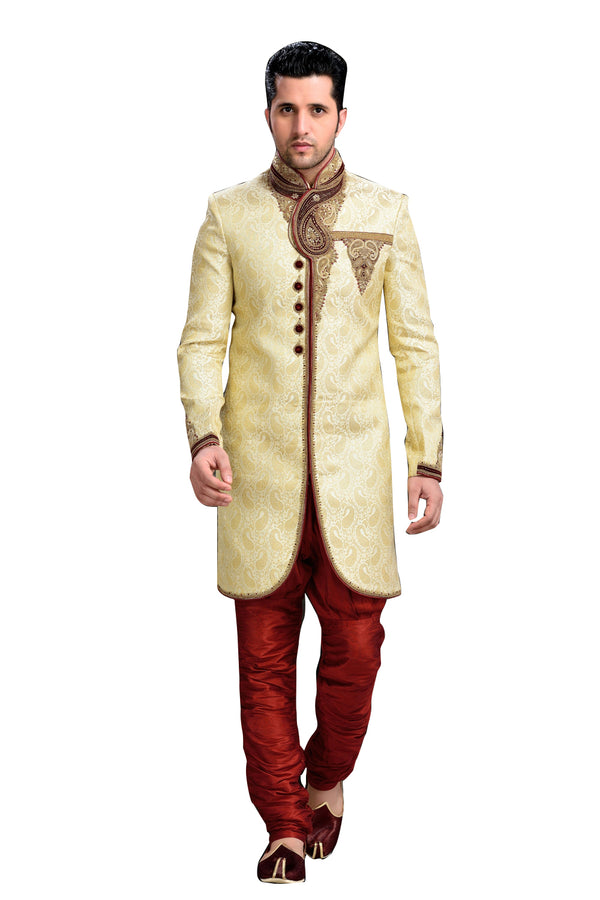 Royal Look Cream Brocade Silk Indian Wedding Sherwani For Men