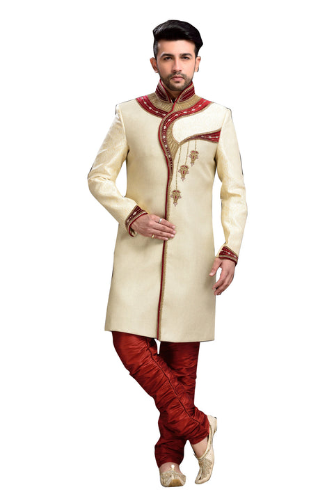 Ethnic Cream Jacquard And Jute Silk Indian Wedding Sherwani For Men