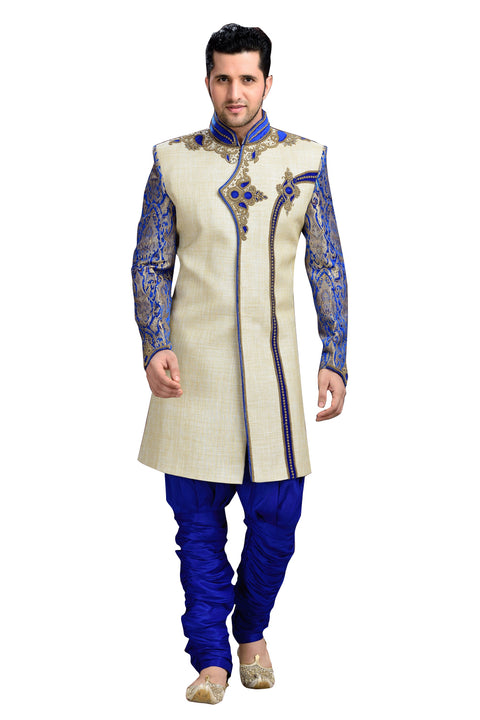 Classic Royal Blue And Cream Jute Silk Indian Wedding Sherwani For Men