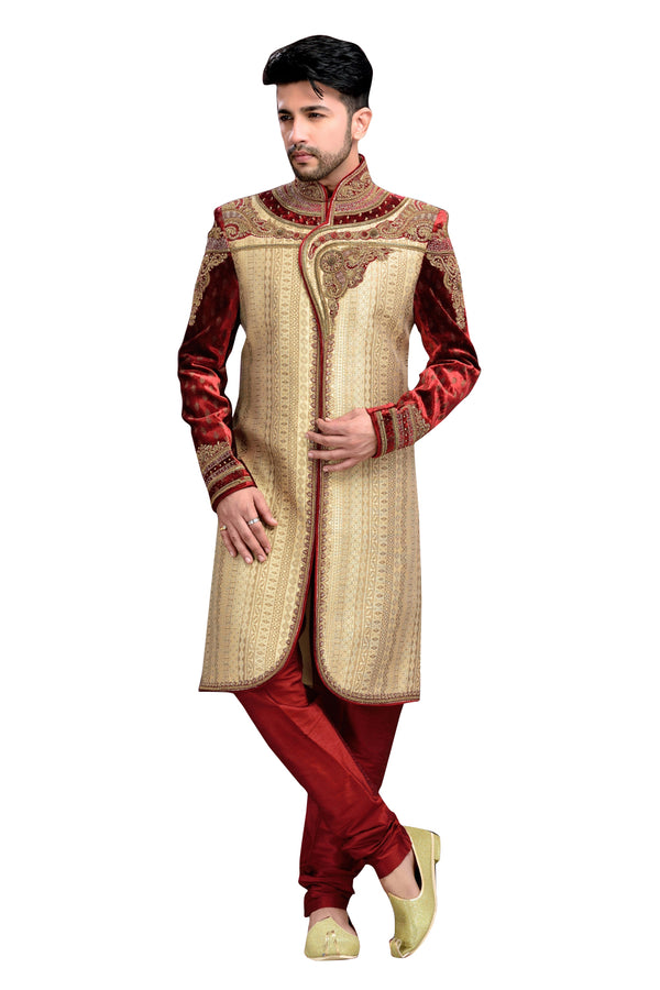 Classic French Beige And Maroon Brocade Jamawar And Velvet Silk Indian Wedding Sherwani For Men