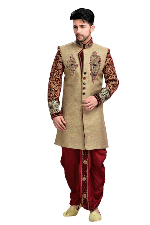 Ethnic Tan Brown Jute Silk And Velvet Indian Wedding Sherwani For Men