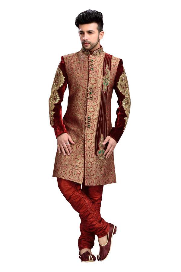 Modern Maroon Velvet Indian Wedding Sherwani For Men