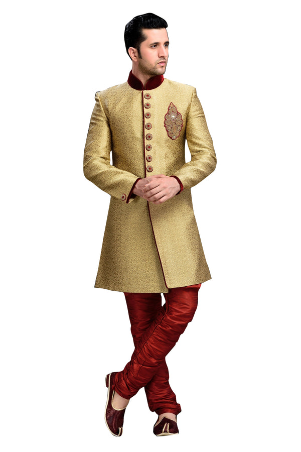 Traditional Butter Cream Brocade Jamawar Silk Indian Wedding Sherwani For Men