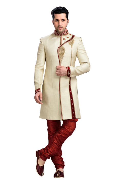 Classic Cream Jute Silk Indian Wedding Sherwani For Men