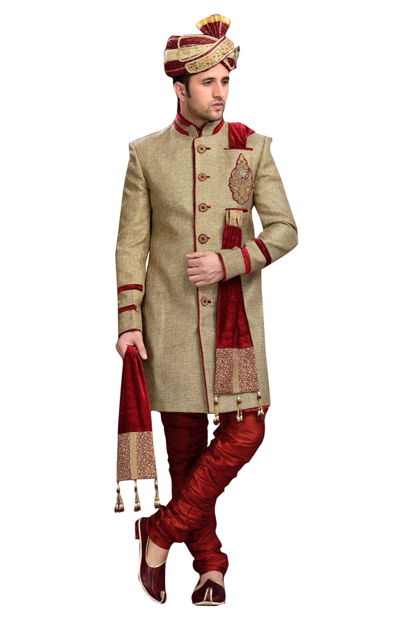 Traditional Tan Brown Jute Silk Indian Wedding Sherwani For Men